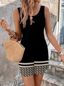 EMERY ROSE Women's Geometric Striped Print Pocket Romper, Suitable For Spring And Summer - Multicolor - View 1