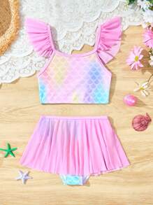 2pcs/Set Girls' Cute Fish Scale Print Swimsuit, Fish Scale Pattern Swimwear - Multicolor - View 3