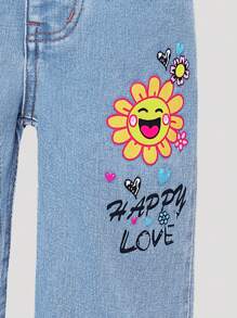 Streecool Young Girl Girls' Bohemian Distressed Letter & Cartoon Print Straight Leg Jeans With Side Pockets, Girls' Summer Wear - Light Wash - View 3