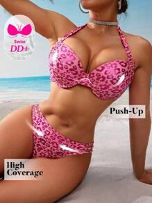Swim DD+ Leopard Print Push Up Bikini Set For Women For Summer Beach Vacation - Hot Pink - View 4