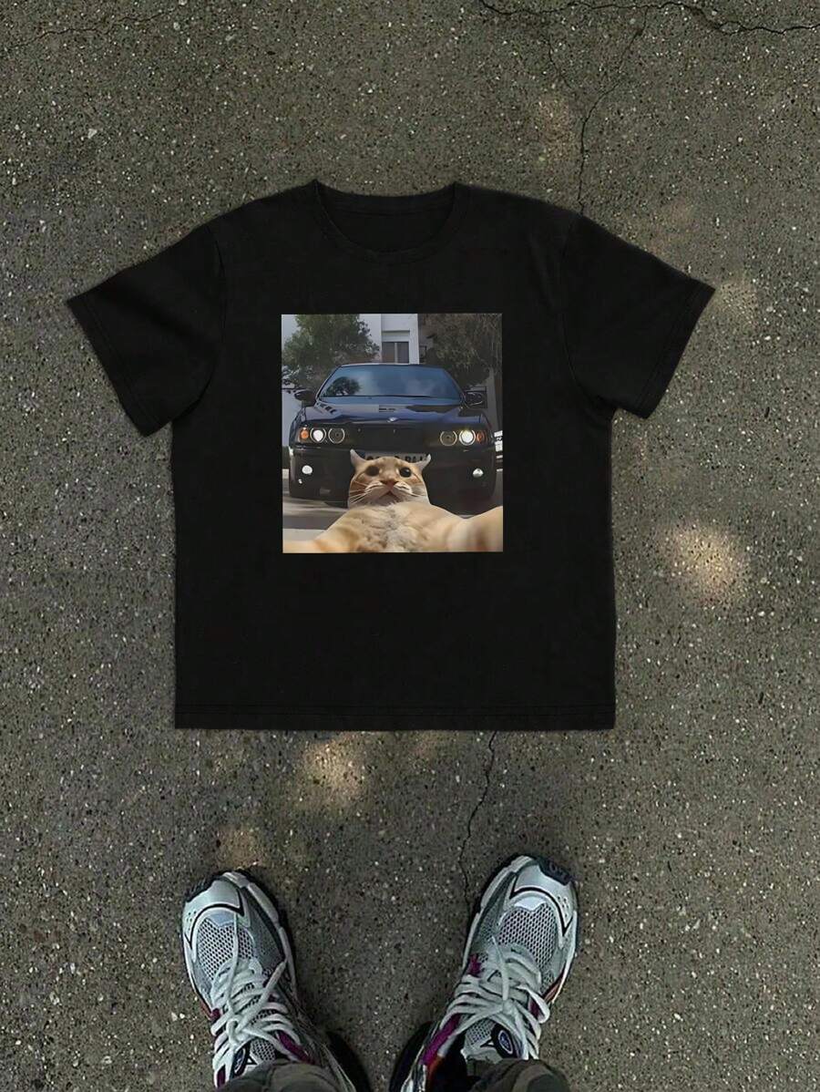 Manfinity Dauomo 搞笑自拍猫和宝马 M5 E39 圆领短袖 T 恤（男款） - 黑色 - 查看 1