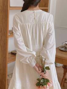 DAZY Women Round Neck Heavy Lace Splice Long Sleeve Solid Color Dress,Ruffle,Fall Dress - Beige - View 6