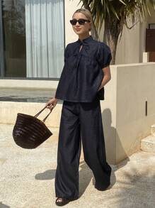 DAZY 2 件套女式套装：短袖立领罩衫上衣和牛仔长裤休闲牛仔装