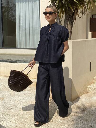 DAZY 2pcs Women Set: Short Sleeve Stand Collar Smock Top And Denim Long Pants Casual Denim Outfit