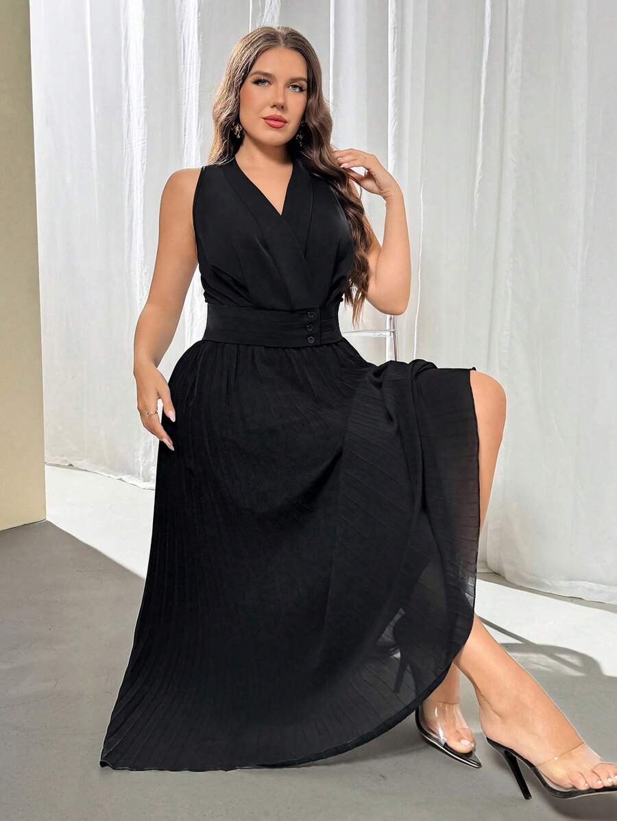 Firerie 2pcs Plus Size Elegant Commuting Solid Color Tank Top And Pleated Skirt Set - Black - View 1