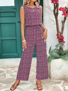 Breezaya Rund halsringning Ärmlös resår i midjan Småblommiga jumpsuits, vår/sommar - Bourgogne - Visa 6