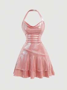 SHEIN MOD 女士纯色低胸迷你连衣裙、正式派对礼服 - 粉色 - 查看 1