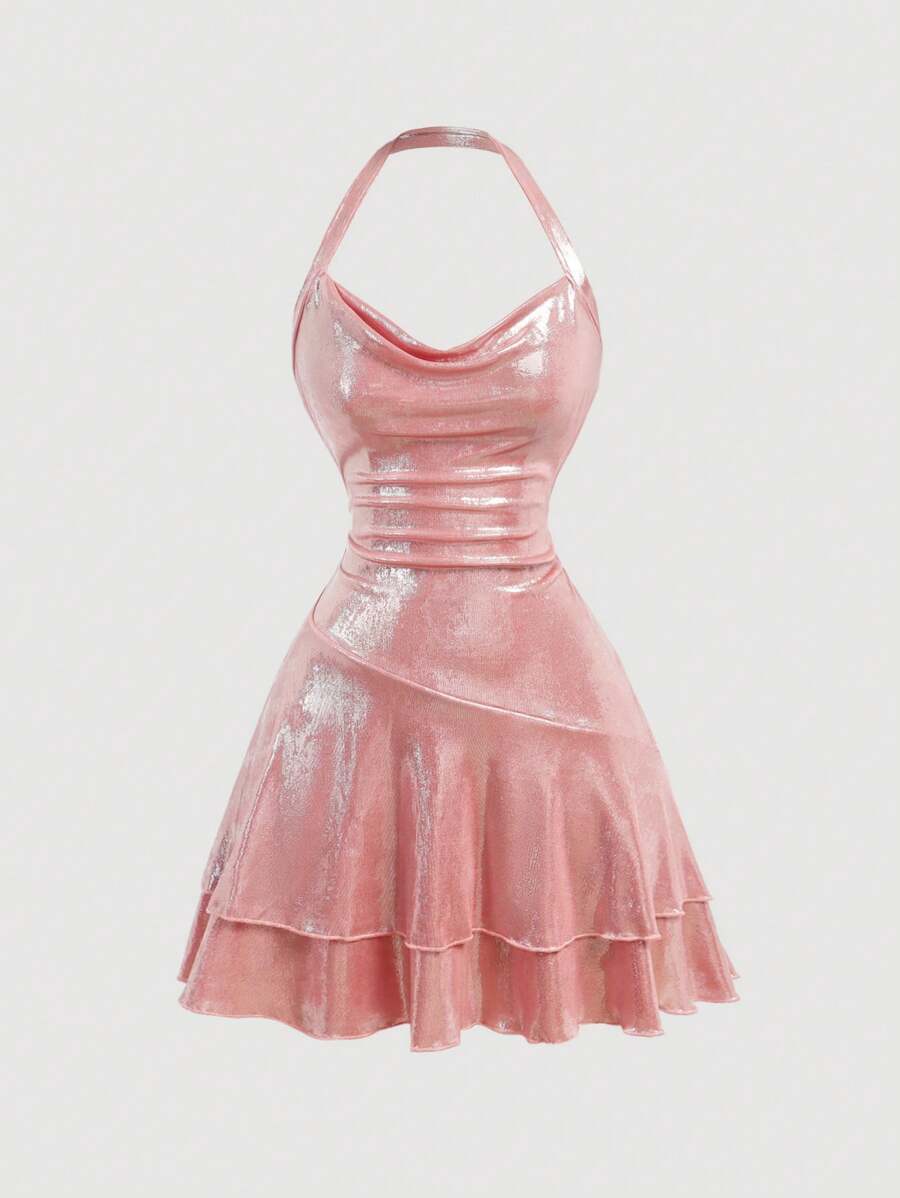 SHEIN MOD 女士纯色低胸迷你连衣裙、正式派对礼服 - 粉色 - 查看 1