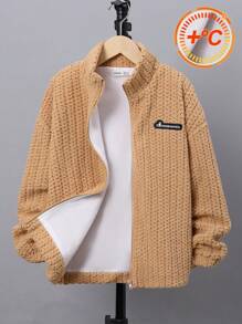 SHEIN Cậu bé Tween Chi tiết được vá Lót nhiệt Dây kéo áo Without Tee - màu nâu - Xem 1