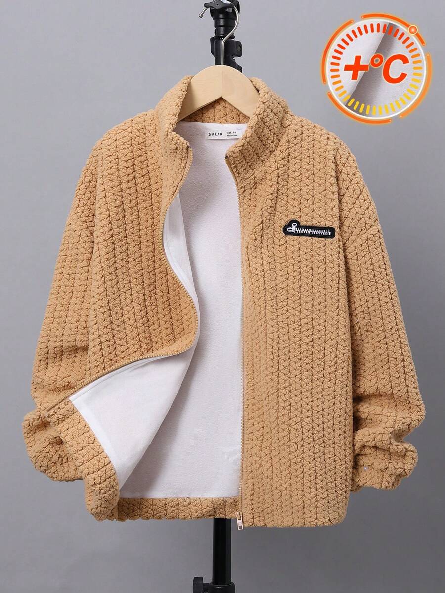 SHEIN Cậu bé Tween Chi tiết được vá Lót nhiệt Dây kéo áo Without Tee - màu nâu - Xem 1