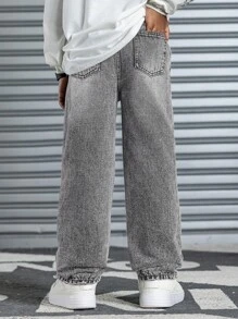 SHEIN 青少年男童时尚休闲复古水洗印花灰色牛仔宽松舒适直筒牛仔裤，酷炫男童感恩节男童柔软日常穿着及秋冬季童装