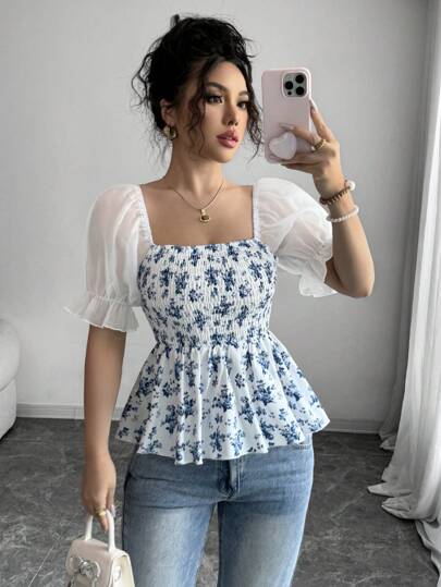 Elenzga 女式方领褶皱短袖荷叶边下摆网眼拼接衬衫，带有小碎花图案，适合休闲日常生活、工作、旅行、海滩、波西米亚风、西部风、音乐节、乡村风格