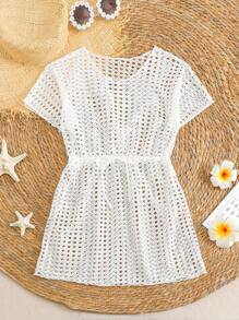 Tween Girls' Solid Color Hollow-Out Crochet Cover Up, Vacation/Beach - White - View 1