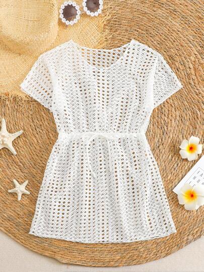 Tween Girls' Solid Color Hollow-Out Crochet Cover Up, Vacation/Beach