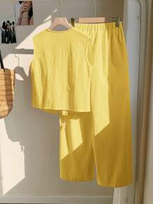 Comfortcana Women 2 Pieces Set: Woven Vest & Pants In Yellow - Yellow - View 2