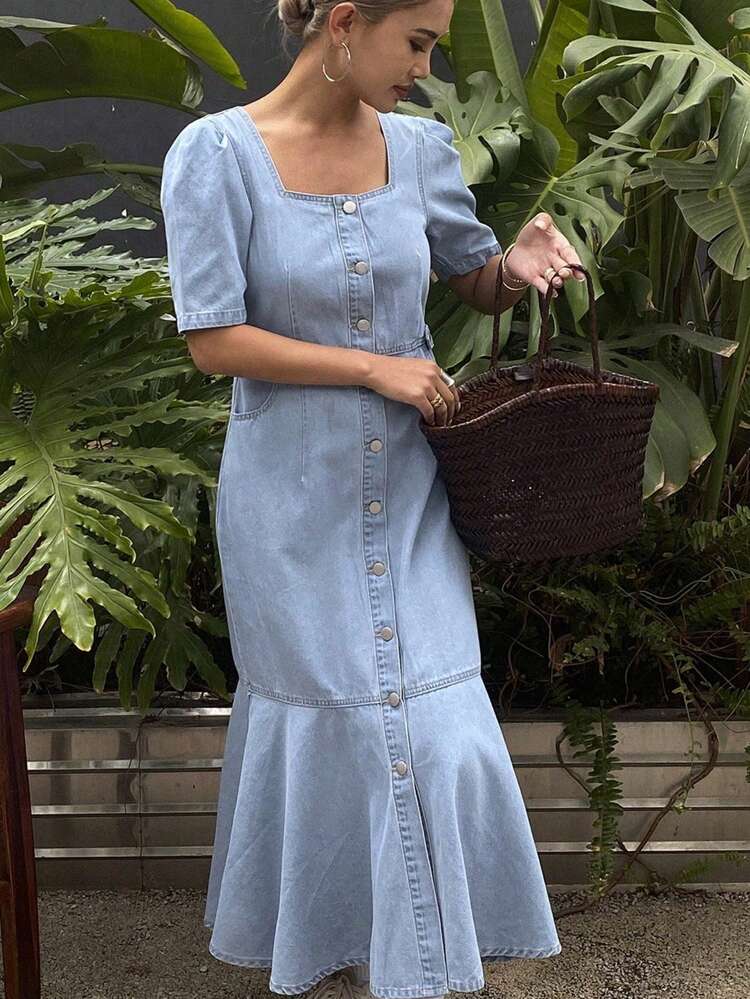 Women's Casual Light Wash Denim Mermaid Dress With Half Sleeves And Square Neckline Maxi Dress