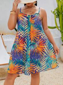 Swim Lushoire Plus Size Women Tropical Plant Print Slip Dress Coverup For Summer Beach Vacation