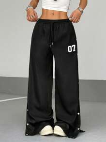 StreetHx Streetwear 女式休闲侧金属扣开衩纯色印花抽绳长裤，春夏 - 黑色 - 查看 3