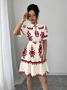Elenzga Abito casual da donna con stampa floreale, scollo a V, vita strizzata