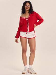 Musera Sport " Sport Beach Club" Embroidered Knit Contrast Trim Mini Runner Shorts Active Workout Gym Summer Vacation Holiday Festival - Multicolor - View 1