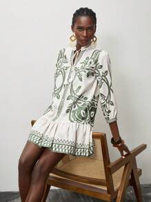 Lumivelle 女士度假风海滩印花宽松连衣裙 - 杏色 - 查看 3