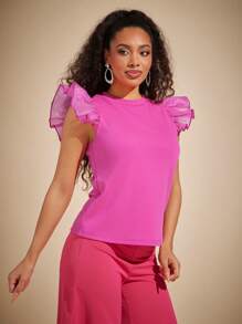 Vixey Top casual en jersey à manches volantées en organza, style bohème, brunch pour femmes, vacances, printemps, été, Pâques