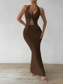 Rafferiza 2pcs/Set Summer Sexy Solid Color Twist Backless Halter Tank Top And Fish Tail Skirt - Brown - View 5