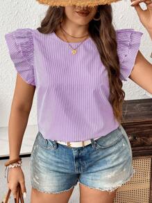 Flirla Plus Size Casual Striped Cap Sleeve Blouse - Purple - View 5