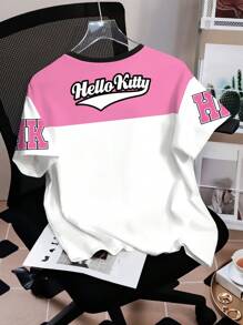 HELLO KITTY AND FRIENDS | SHEIN تيشيرت أكمام قصيرة رقبة دائرية فضفاض مع طباعة كرتونية، مريح وعصري للرياضة، بالوردي والأبيض، مناسب للربيع والصيف، للنساء