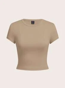 SHEIN Tall CURVE Conjunto de 4 piezas de talla grande de camisetas de manga corta de corte slim con cuello redondo de color liso, apropiado para el verano - Multicolor - Ver 6