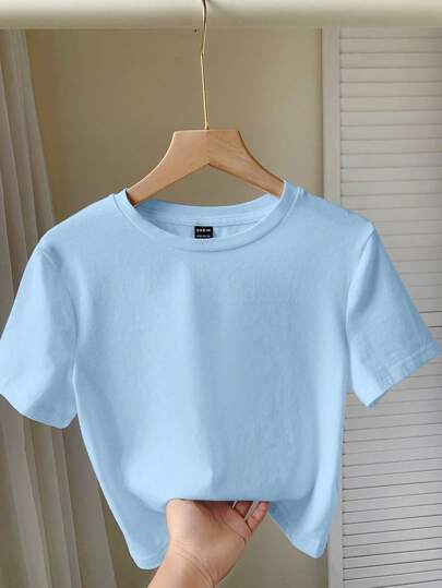 SHEIN EZwear Camiseta ajustada de manga corta y cuello redondo azul claro con corte cropped, de estilo minimalista casual, adecuada para el verano