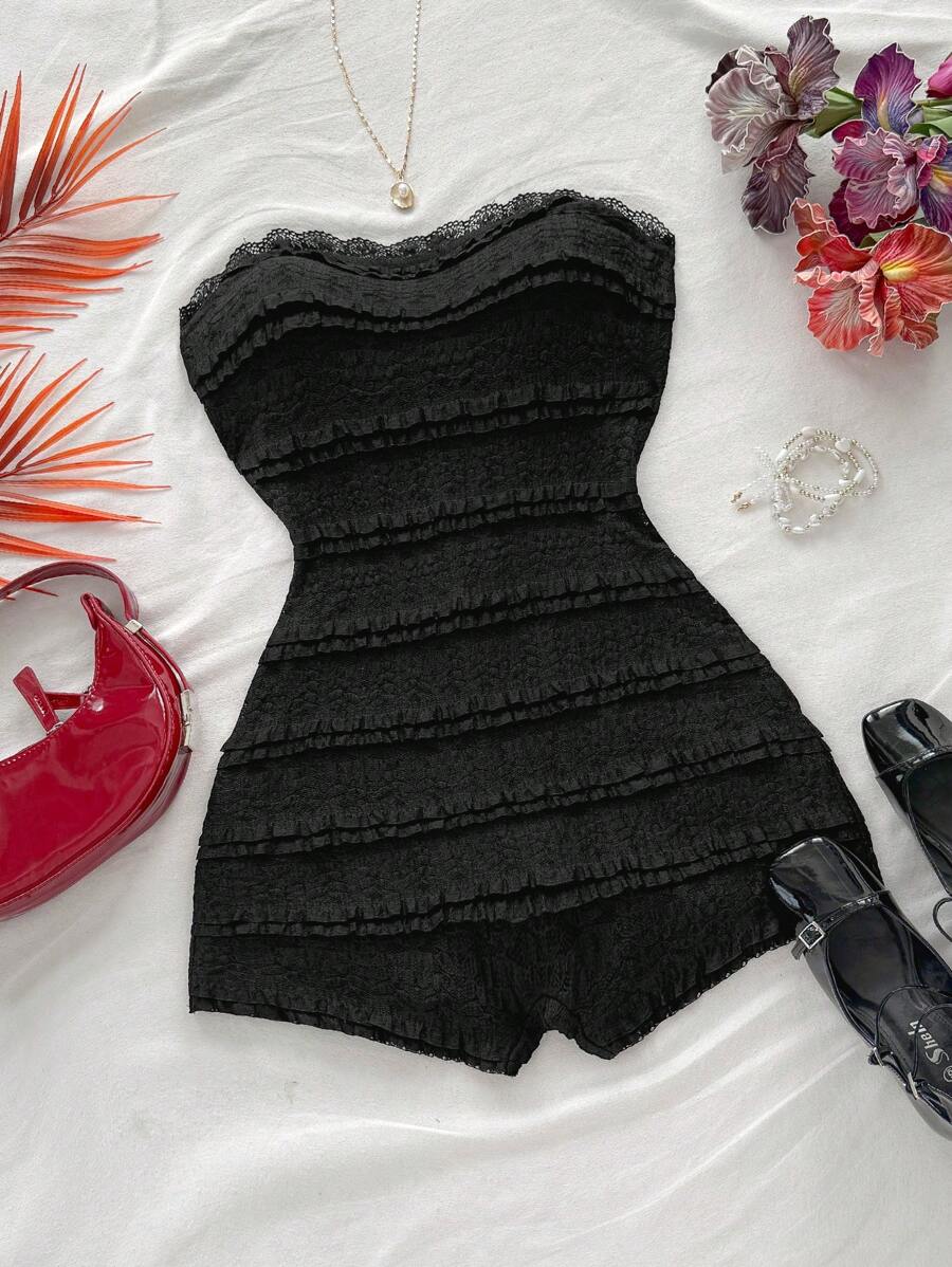 Soleia Lace Ruffle Bandeau Elastic Bodycon Romper - Black - View 1