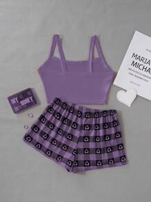 2件套年轻休闲字母印花吊带背心和格子短裤睡衣套装 - 紫色 - 查看 2