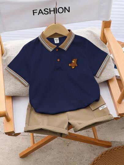 2pcs Kids Boy Casual Cute Cartoon Bear Polo Shirt & Khaki Shorts Knitwear Set, Versatile For School, Garden, Beach, Birthday, Spring, Summer, Autumn, Winter