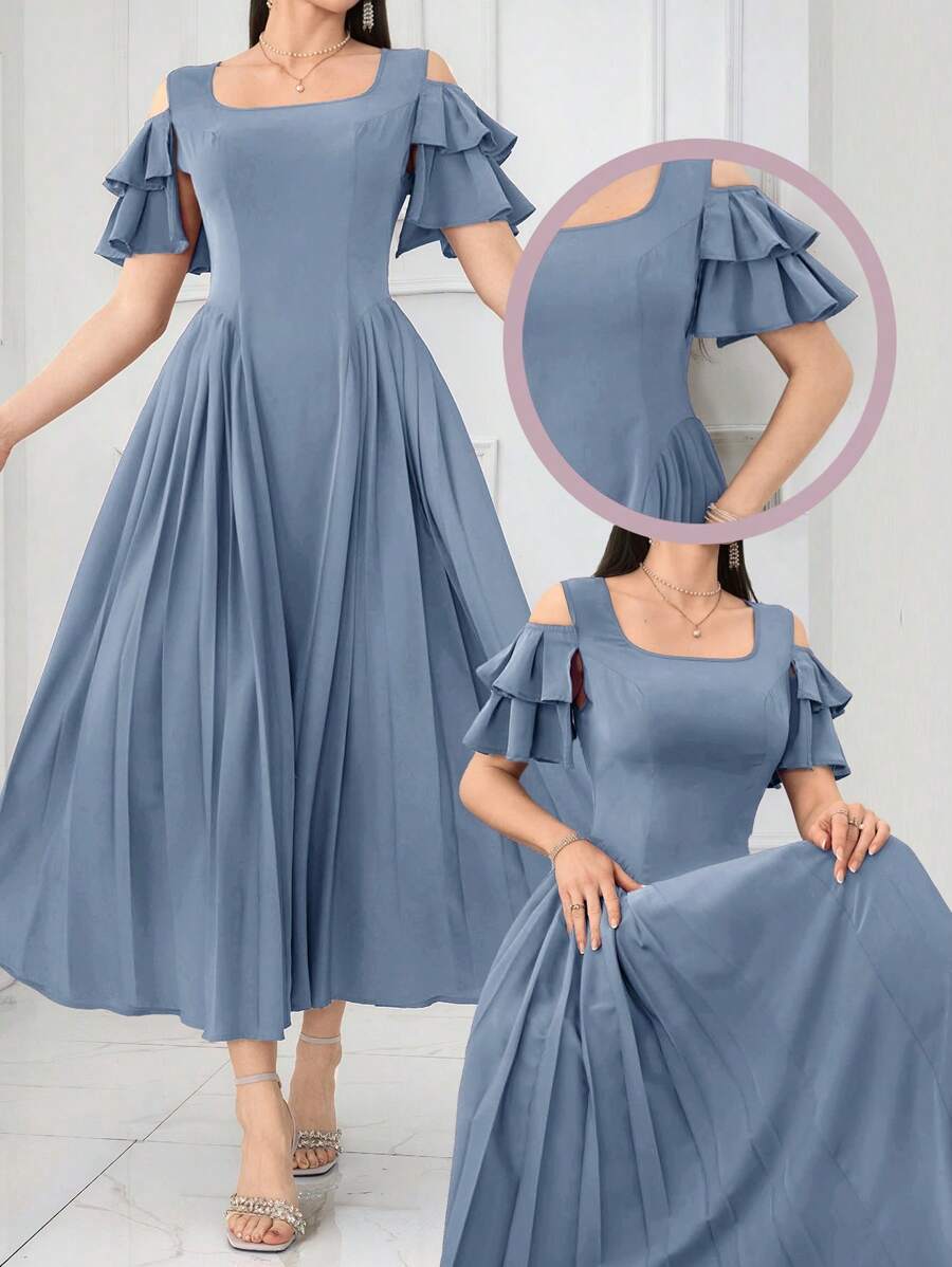 Modelyn 女士优雅纯色露肩荷叶边褶皱长裙,夏季 - 藍色 - 查看 1