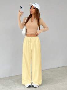 SHEIN Tall 柔白针织家居宽松裤，宽松裤，奶油黄 - 黃色 - 查看 6