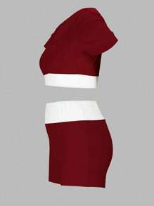 INAWLY Women 2pcs Set: Contrast Color Cropped Short Sleeve Top & Shorts, Casual - Red - View 5