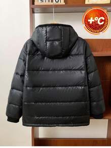 SHEIN Thick Padded Hooded Long Sleeve Tween Boys Casual Winter Coat, Quilted Coat, Warm Outerwear For Autumn/Winter - Black - View 2