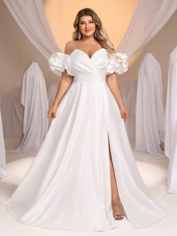 Glamrae Plus Size Elegant Romantic White V-Neck Draped Open Shoulder Ruffle Sleeve High Slit A-Line Wedding Dress, Bride