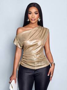 SOLERSUN Women's Solid Color Asymmetrical Neck Drawstring Side Metallic Blouse One Shoulder Top