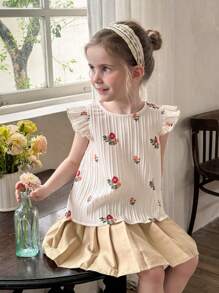 LMoss Kids LMoss Young Girl Ditsy Floral Ruffle Trim Casual Shirt Suitable For Spring And Summer