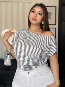 Dazy Plus Black & White Striped Asymmetric Open Shoulder Short Sleeve T-Shirt, Spring/Summer - Black and White - View 4