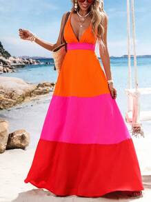 SHEIN VCAY 大码女式拼色V领长裙春夏装、夏装、女士度假装、女士沙滩装、节日装、浪漫优雅服装、波西米亚风、波西米亚风、甜美风、狂欢节装扮、热带度假女装、狂欢节装扮、沙滩裙、太阳裙、节日装扮 - 彩色 - 查看 1