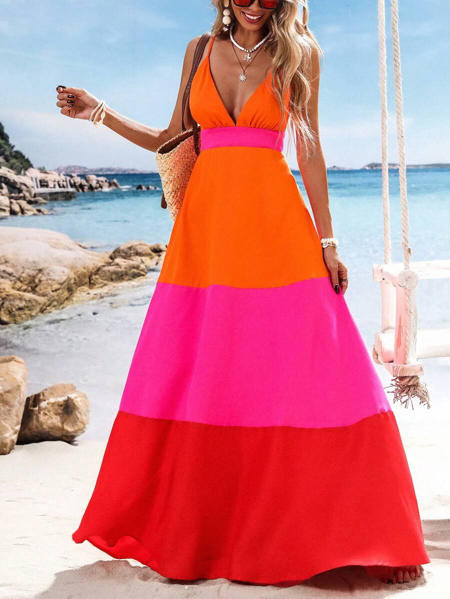 SHEIN VCAY 大码女式拼色V领长裙春夏装、夏装、女士度假装、女士沙滩装、节日装、浪漫优雅服装、波西米亚风、波西米亚风、甜美风、狂欢节装扮、热带度假女装、狂欢节装扮、沙滩裙、太阳裙、节日装扮 - 彩色 - 查看 1