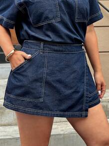 SHEIN ICON Quần denim ngắn thường ngày có túi viền bất đối xứng cho nữ cỡ lớn - Rửa tối - Xem 6
