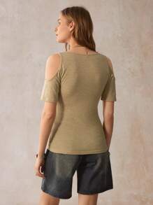 SHEIN LUNE Cold Shoulder Notched Neck Tee - Khaki - View 5
