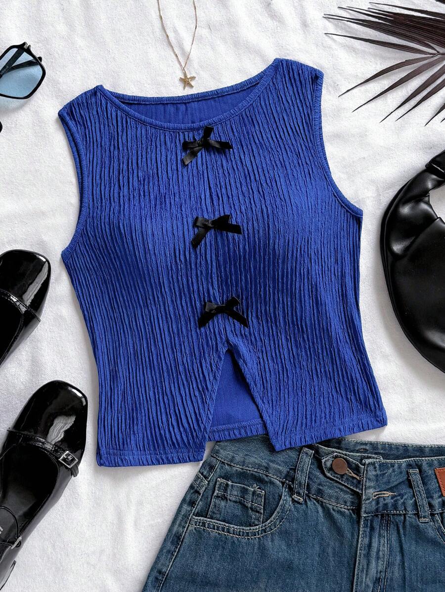 Soleia Casual Colorblock Bowknot Open Vent Tank Top, Simple & Fashionable Design Suitable For Summer - Royal Blue - View 1