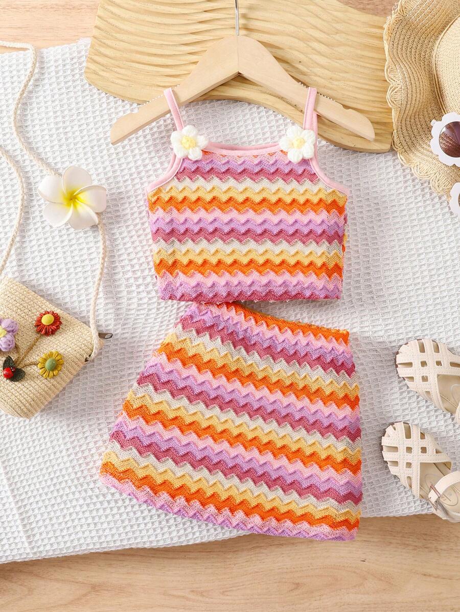 SHEIN 女婴可爱针织花卉印花吊带背心和松紧腰裙套装，夏季 - 彩色 - 查看 1