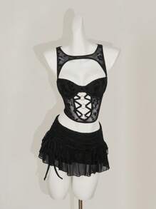 SHEIN ICON Y2K Sexy Mini Hot Girl Lace Stitching Hollowed Out Chest Cup Top