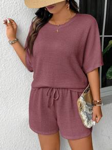 SHEIN Frenchy Bộ 2 món áo phông và quần short đi nghỉ cỡ lớn, mùa hè - Màu Hồng baby - Xem 5